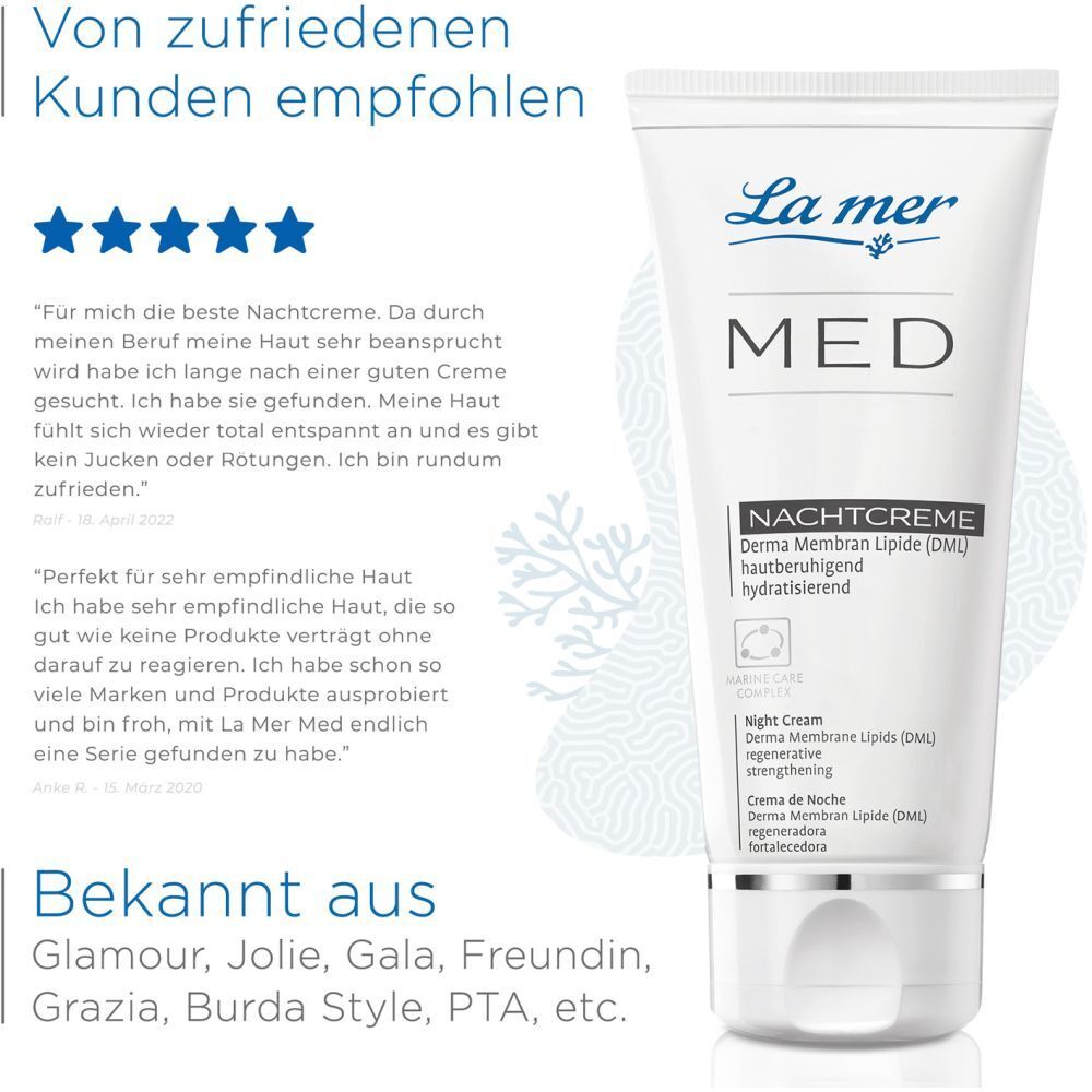Tube de crème de nuit La mer MED. Avis clients 5 étoiles. Apparaît dans Glamour, Jolie, Gala, Freundin, Grazia, Burda Style, PTA, etc.