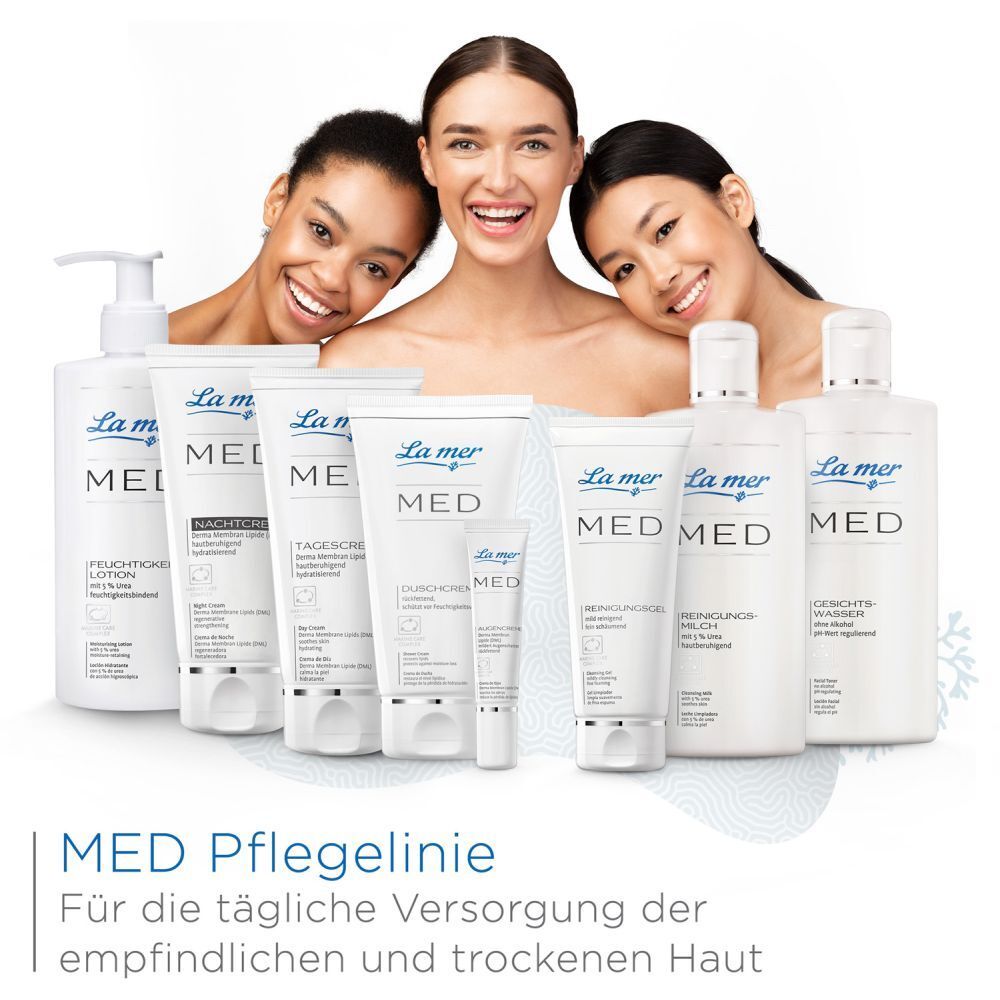 Gamme de soins La mer MED. Produits : nettoyage, crème de nuit, crème de jour, crème pour les yeux, baume à lèvres, lotion. Pour peaux sensibles.