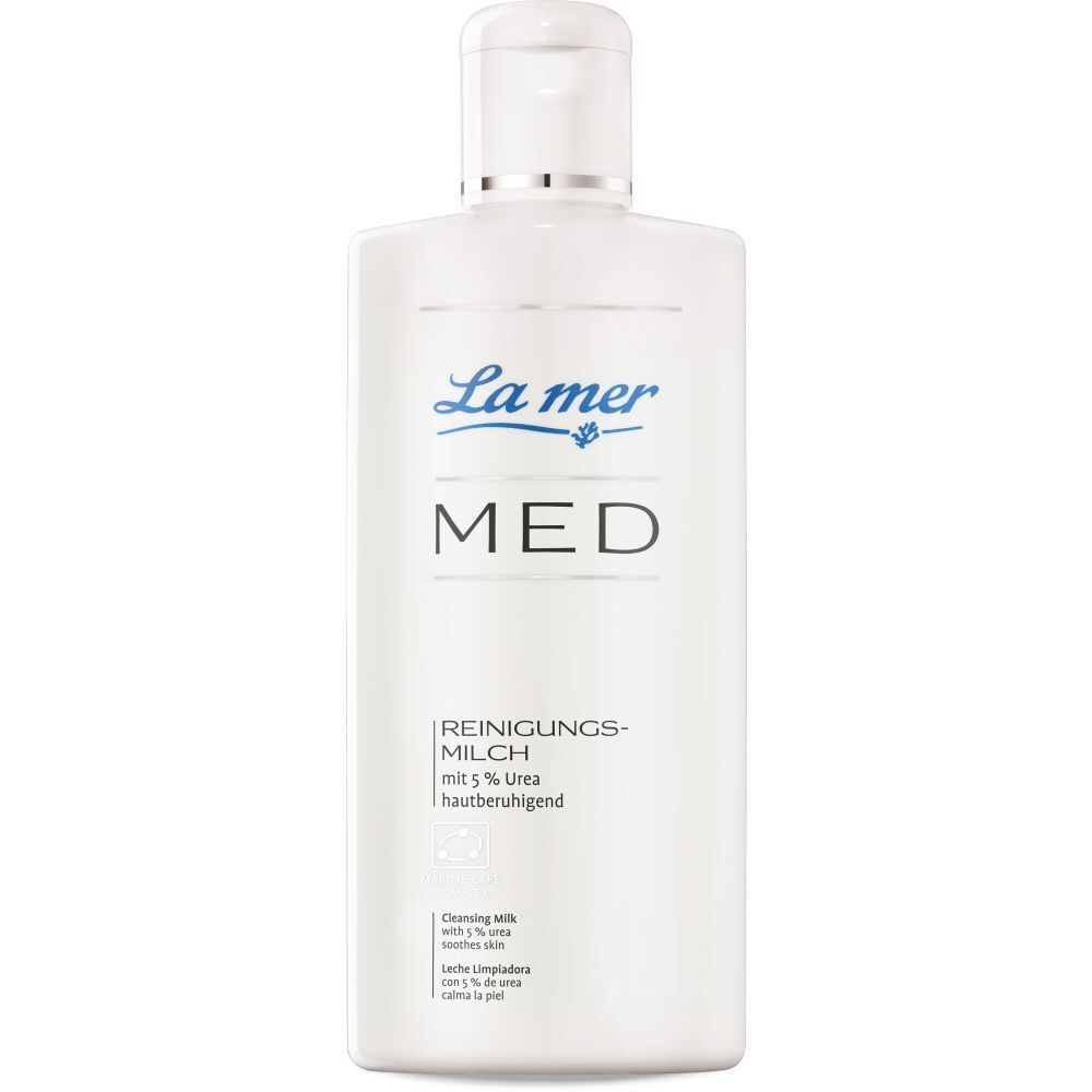 La mer MED REINIGUNGSMILCH. Bouteille blanche avec bouchon rabattable. Nom du produit et marque visibles.