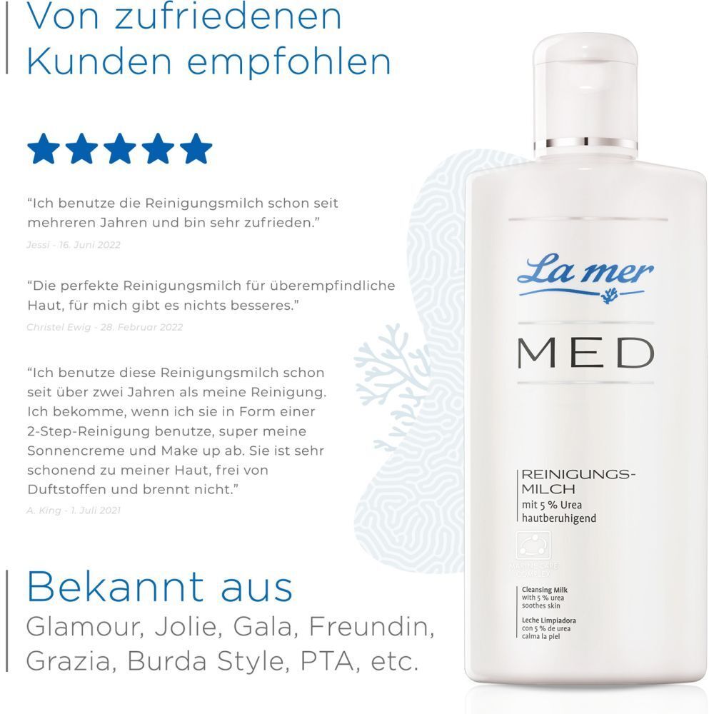 La mer MED REINIGUNGSMILCH. Image du produit à côté des avis clients. Texte : Recommandé par des clients satisfaits. Connu de...