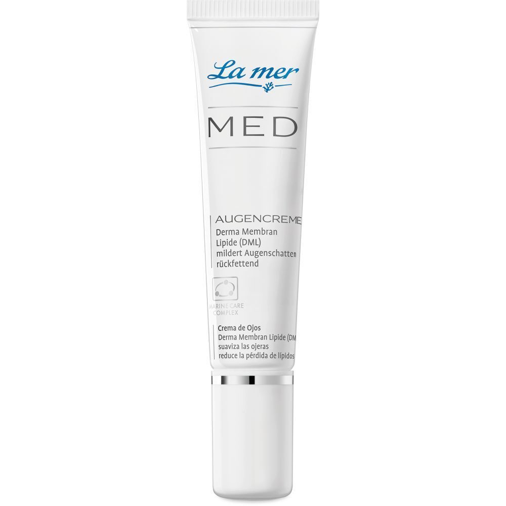Tube de crème pour les yeux La mer MED. Tube blanc avec texte bleu. Nom du produit et logo visibles.