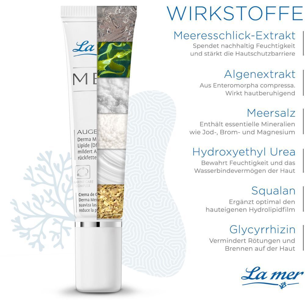 La mer MED crème pour les yeux. Graphique des ingrédients. Extrait de limon marin, extrait d'algues, sel marin, etc.
