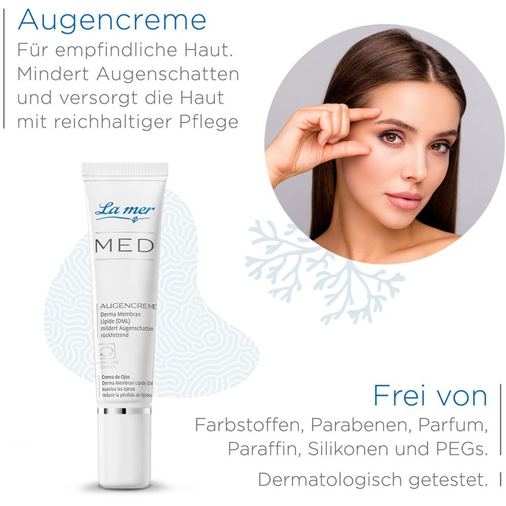 La mer MED crème pour les yeux. Produit et femme. Sans colorants, parabènes, parfum, paraffine, silicones et PEGs. Testé dermatologiquement.