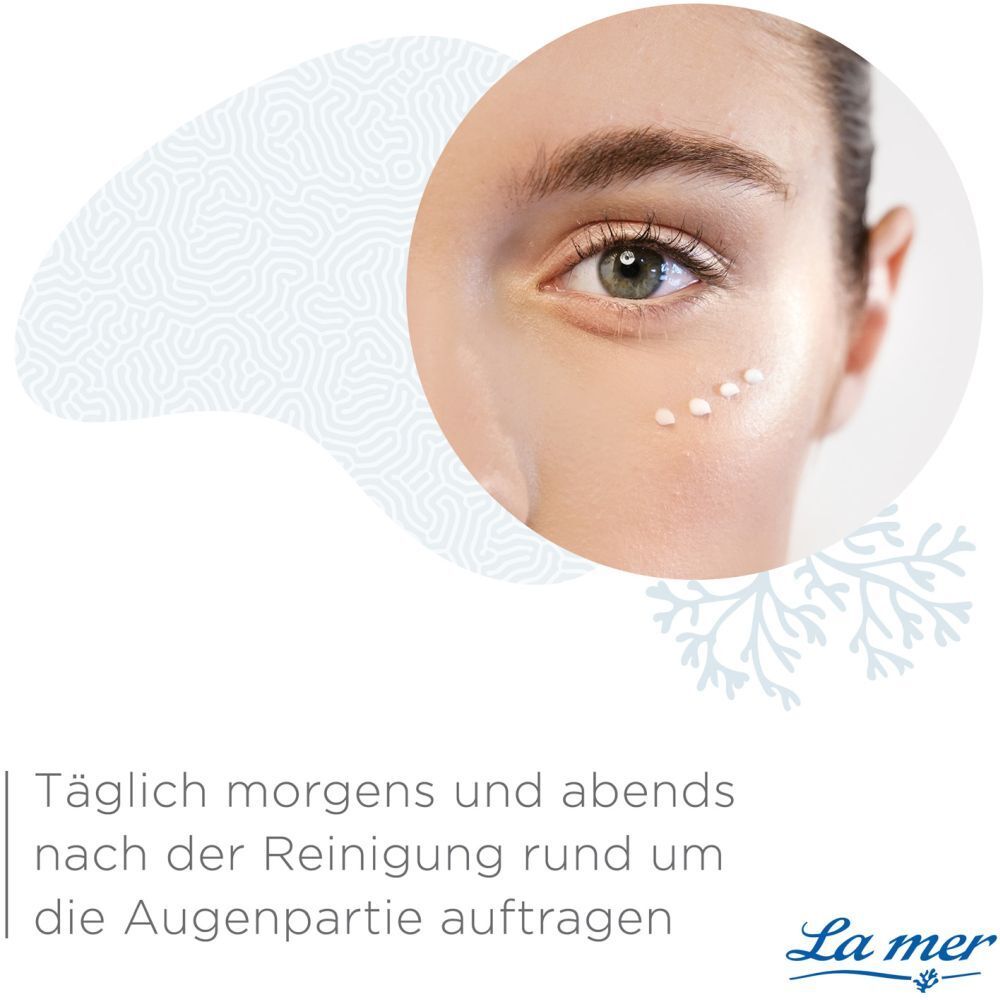 La mer MED crème pour les yeux. Application : Appliquer matin et soir autour des yeux. Femme avec produit.