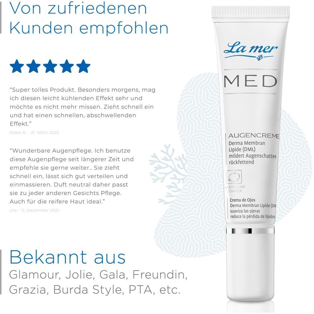 La mer MED crème pour les yeux. Produit et avis clients. Apparaît dans : Glamour, Jolie, Gala, Freundin, Grazia, Burda Style, PTA, etc.