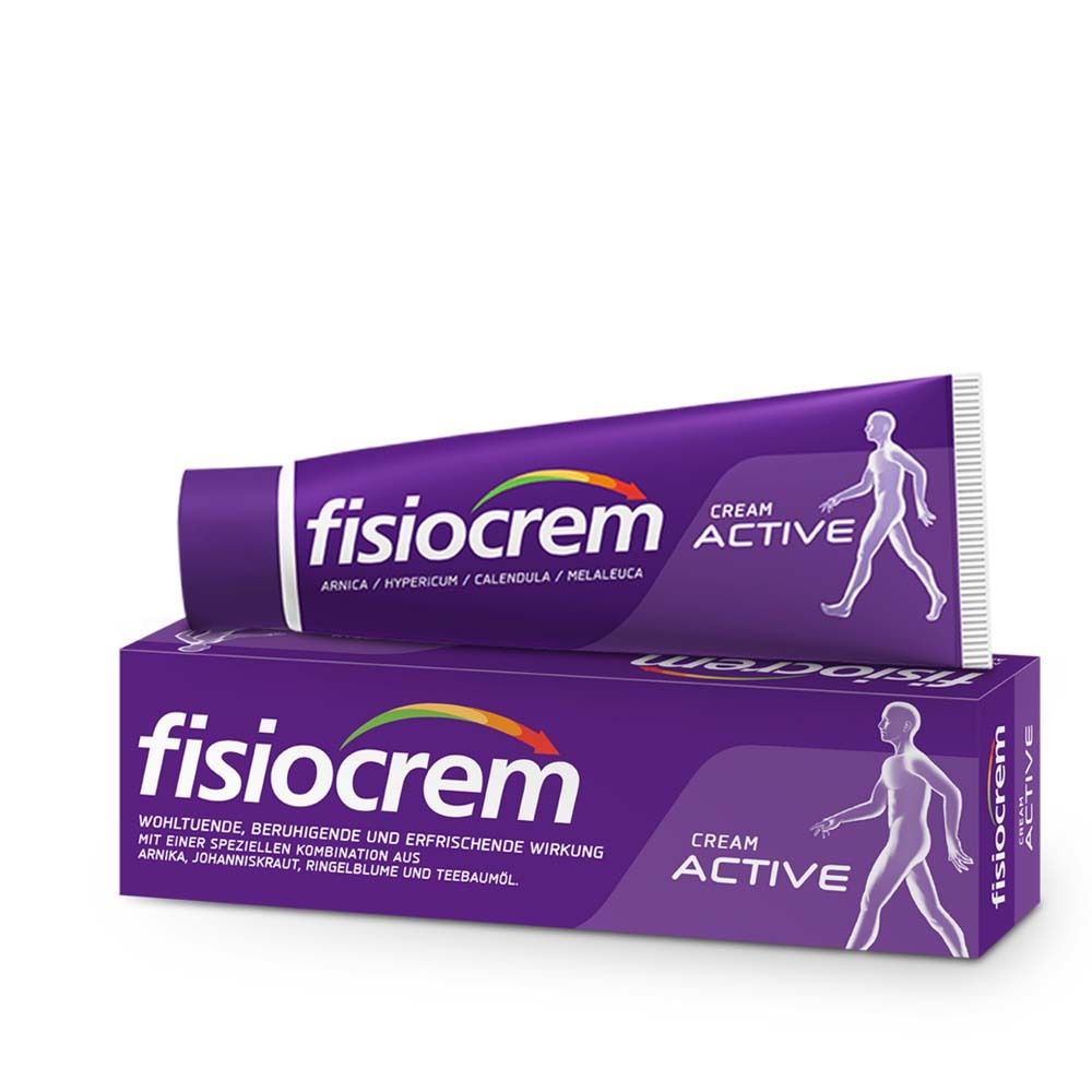 Tube et boîte Fisiocrem Cream Active. Tube violet avec texte blanc. Boîte avec nom du produit et logo.