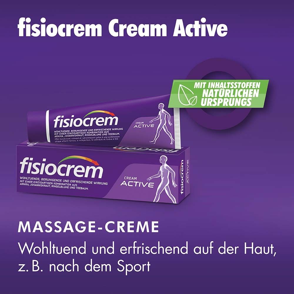 Tube et boîte Fisiocrem Cream Active. Fond violet. Texte: Crème de massage. Avec ingrédients d'origine naturelle.