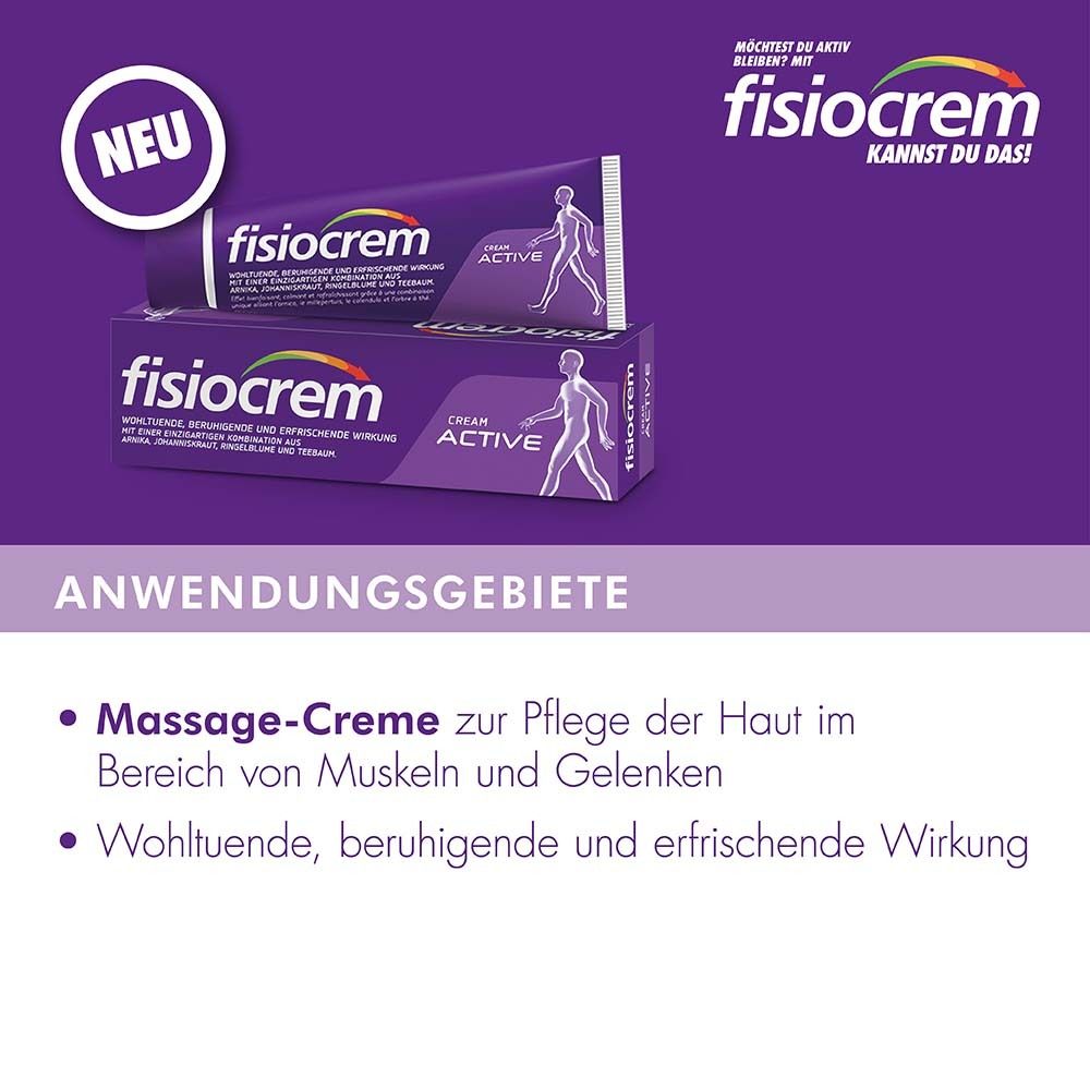 Tube et boîte Fisiocrem Cream Active. Fond violet. Texte: Domaines d'application. Crème de massage pour muscles et articulations.