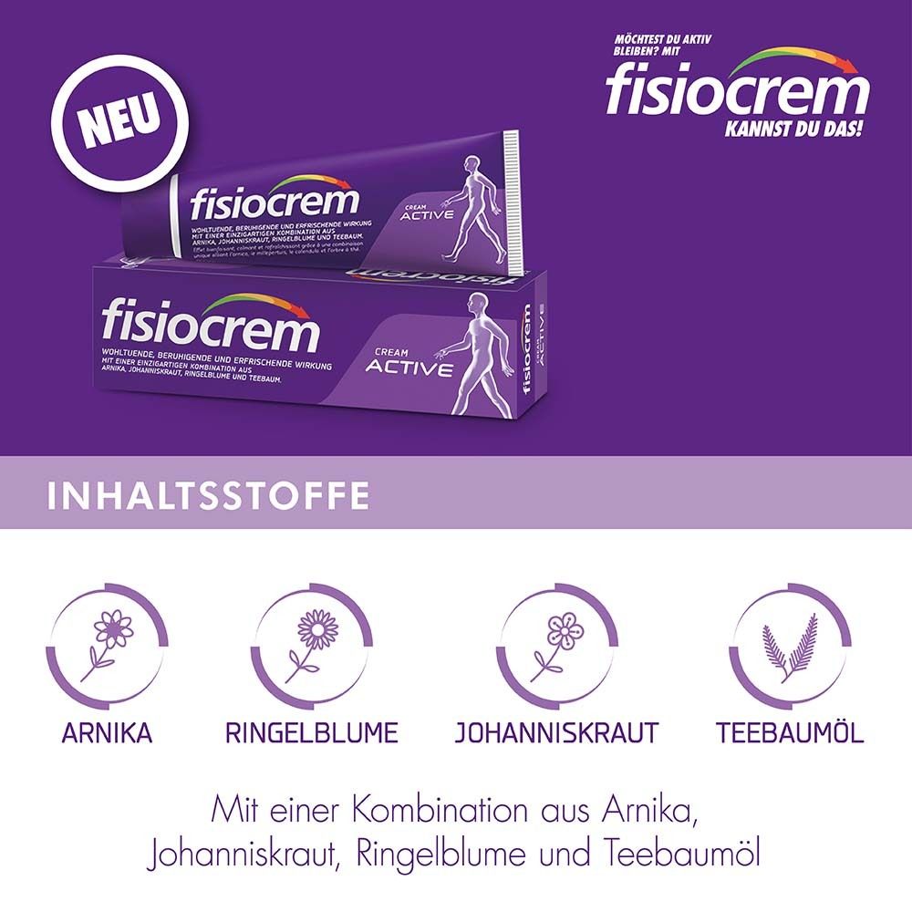 Tube et boîte Fisiocrem Cream Active. Fond violet. Texte: Ingrédients. Images d'arnica, calendula, millepertuis, arbre à thé.