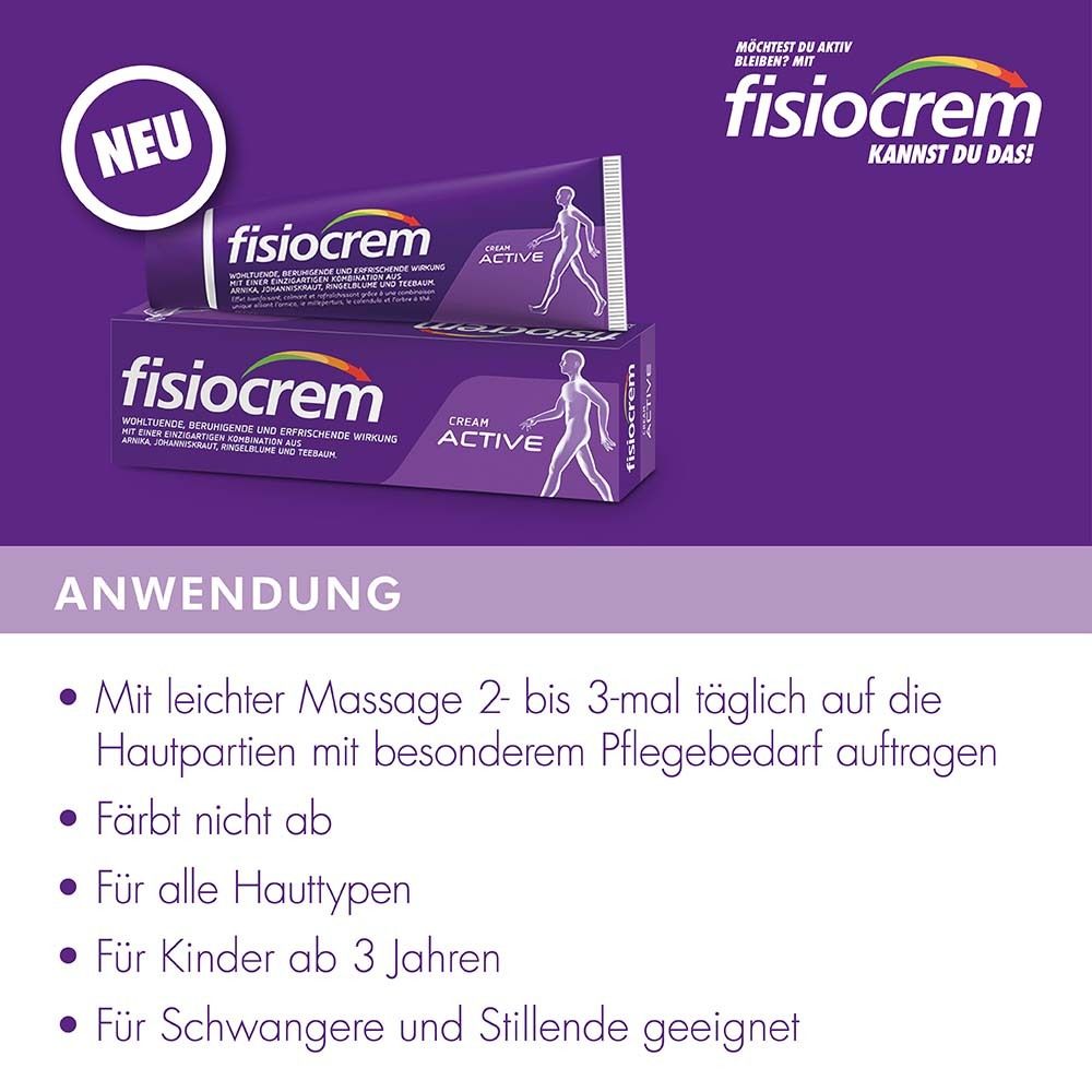 Tube et boîte Fisiocrem Cream Active. Fond violet. Texte: Utilisation. Pour tous types de peau, dès 3 ans, pour femmes enceintes.