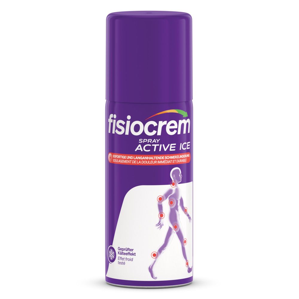 Fisiocrem Spray Active Ice. Flacon spray violet avec étiquette blanche. Contient 150 ml.