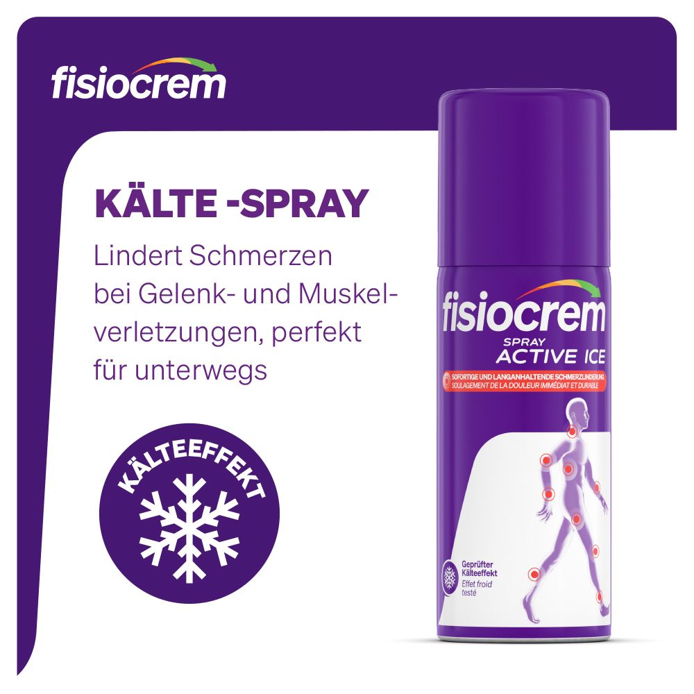 Fisiocrem Spray Active Ice et logo sur fond violet. Effet froid vérifié.