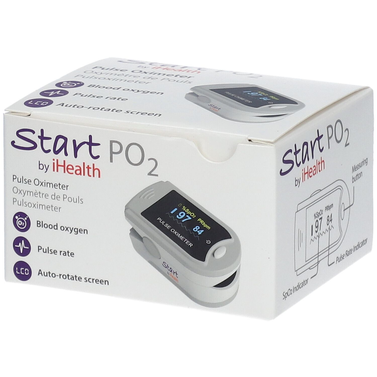 Boîte de l'oxymètre de pouls Start PO2 by iHealth. Oxymètre affiché. Texte: Pulse Oximeter, Oxygène sanguin, Fréquence cardiaque, LCD.