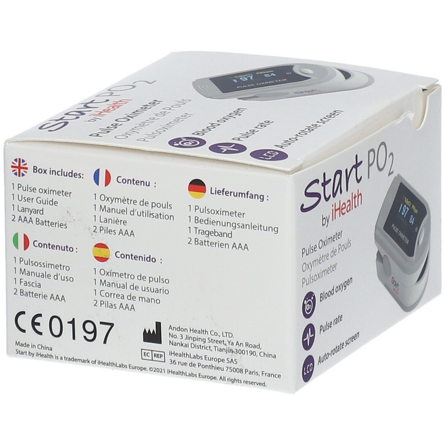 Dos de la boîte de Start PO2 by iHealth. Contient: Oxymètre, manuel d'utilisation, piles. Marquage CE.