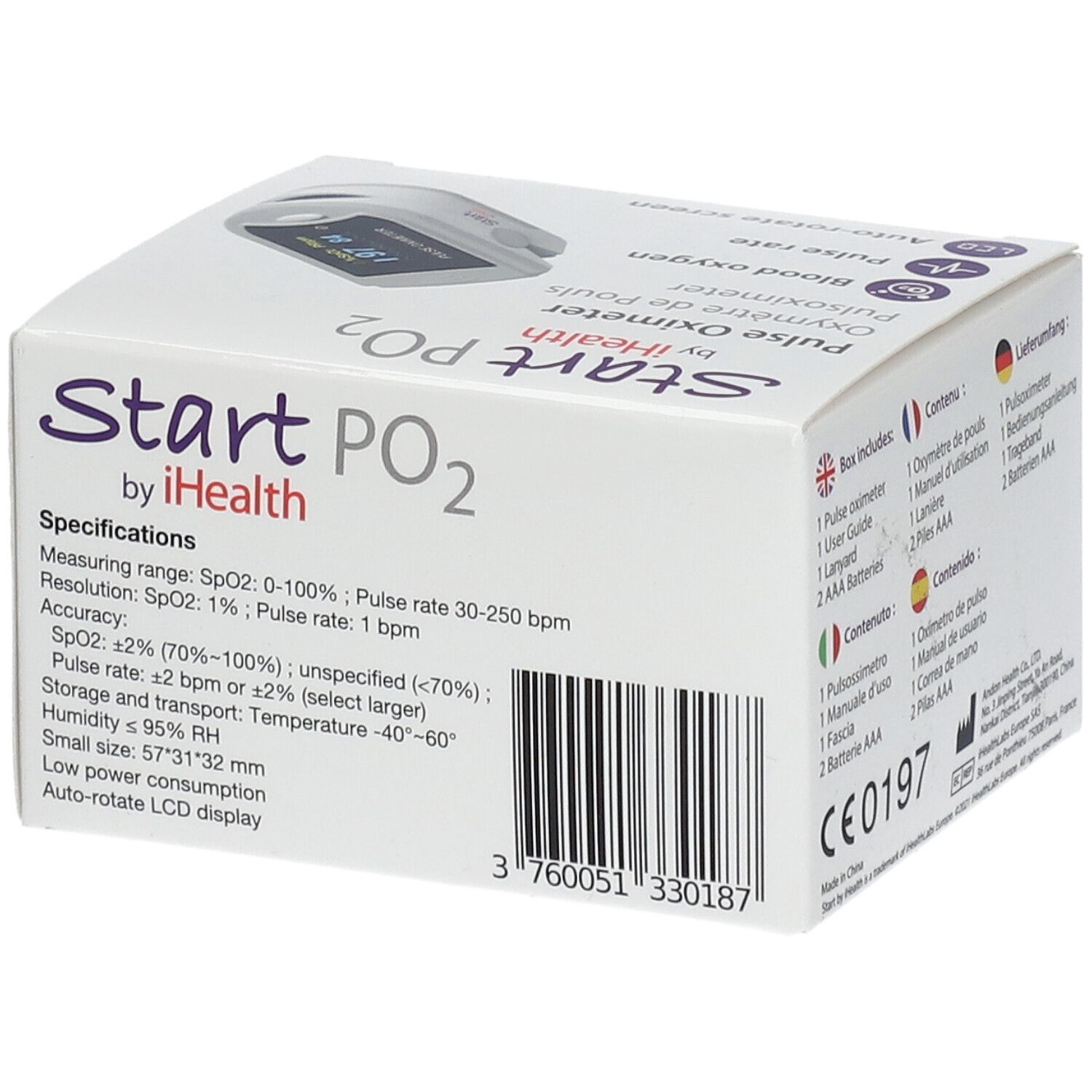 Boîte de Start PO2 by iHealth. Spécifications: Plage de mesure, résolution, précision, petite taille. Code-barres.