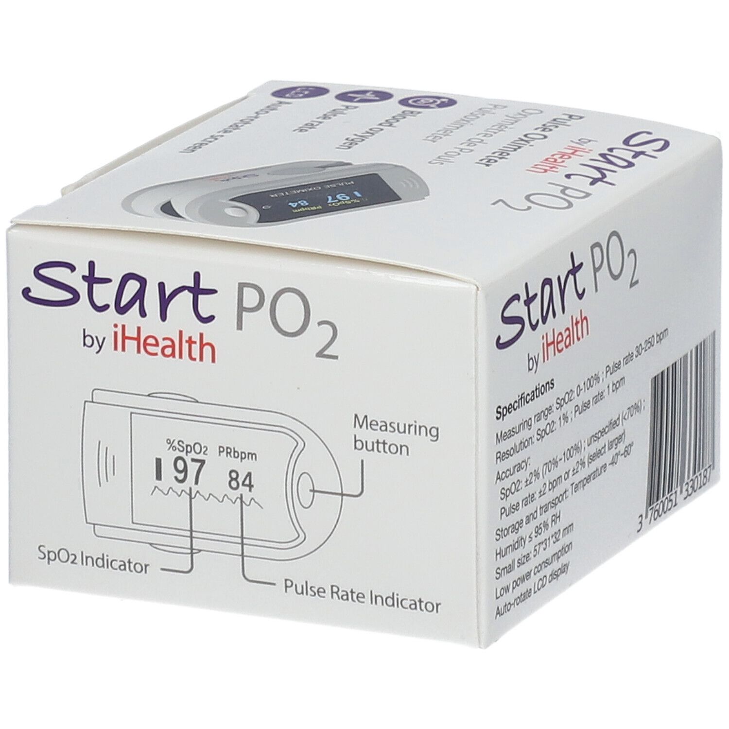 Boîte de Start PO2 by iHealth. Oxymètre avec affichage: SpO2, fréquence cardiaque. Bouton de mesure. Indicateur de fréquence cardiaque.