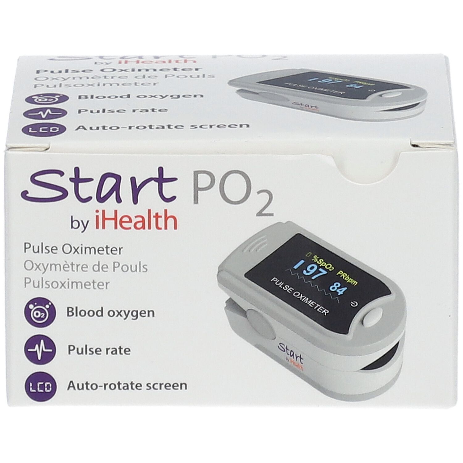 Boîte de Start PO2 by iHealth. Oxymètre affiché. Texte: Pulse Oximeter, Oxygène sanguin, Fréquence cardiaque, LCD.