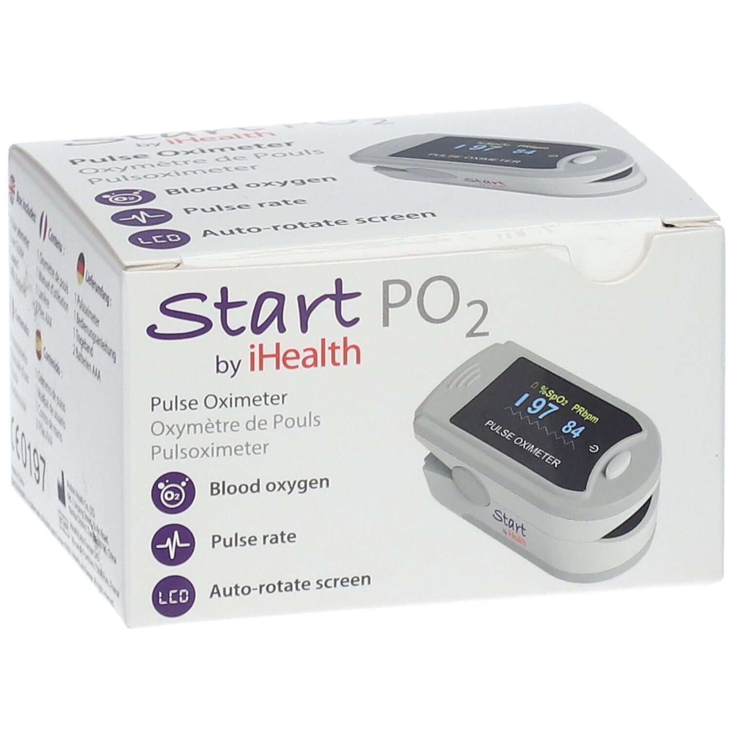 Boîte de Start PO2 by iHealth. Oxymètre affiché. Texte: Pulse Oximeter, Oxygène sanguin, Fréquence cardiaque, LCD. Marquage CE.