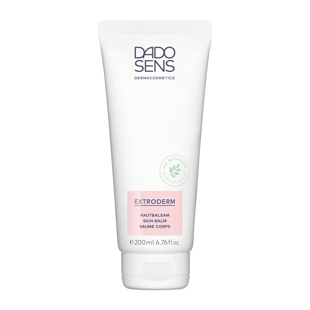 Baume pour la peau blanc en tube. Étiquette rose avec nom et logo du produit. 200ml.