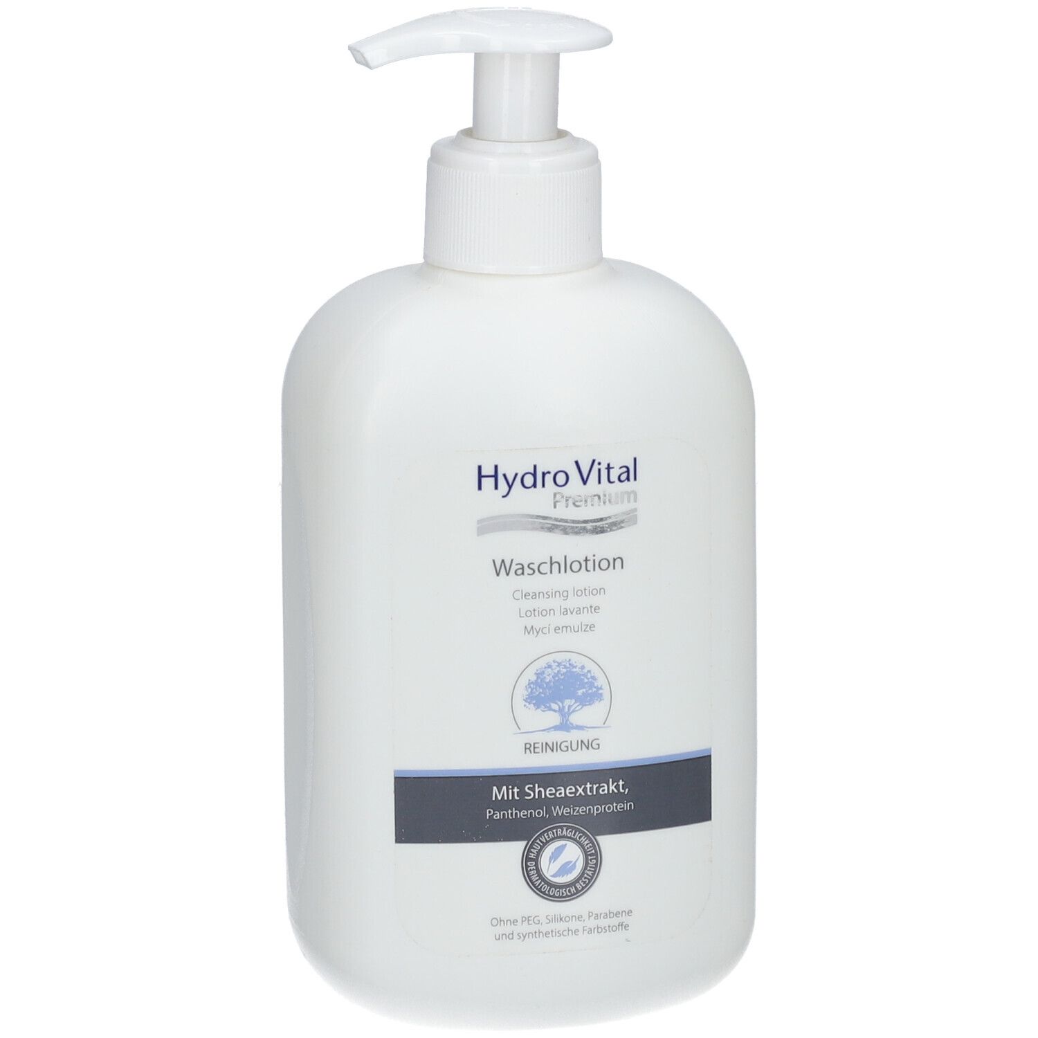 Flacon blanc avec pompe. Inscription: Hydro Vital Premium Waschlotion. Avec extrait de karité, panthénol, protéine de blé.