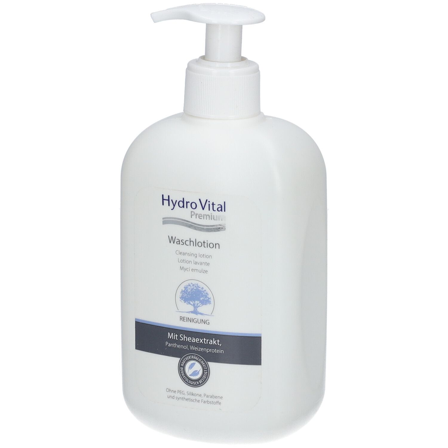 Flacon blanc avec pompe. Inscription: Hydro Vital Premium Waschlotion. Avec extrait de karité, panthénol, protéine de blé.