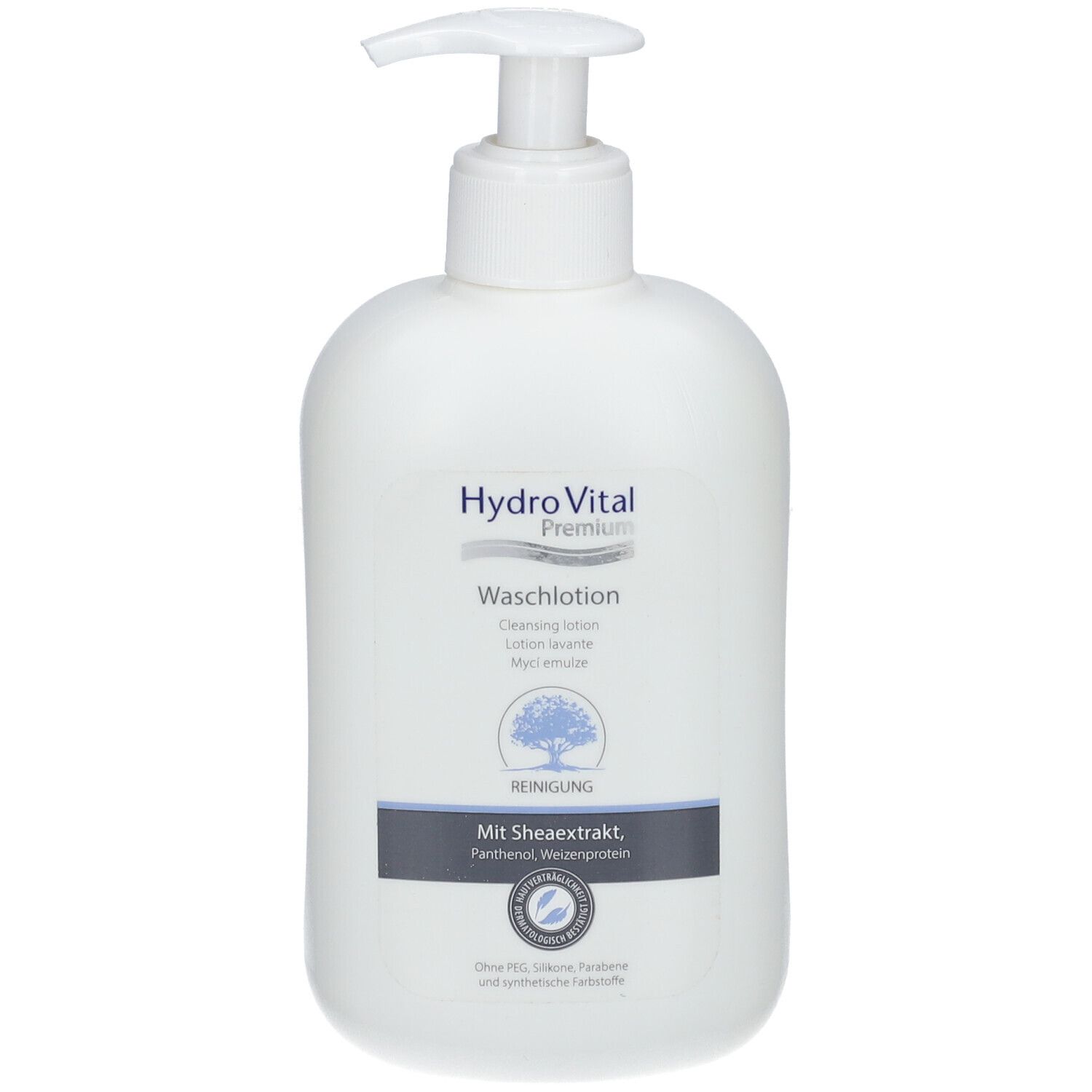 Flacon blanc avec pompe. Inscription: Hydro Vital Premium Waschlotion. Avec extrait de karité, panthénol, protéine de blé.