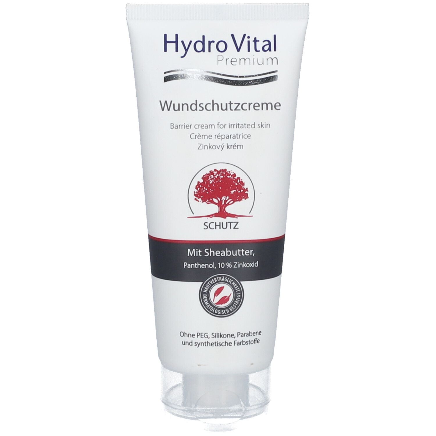 Tube de crème Hydro Vital Premium Wundschutzcreme. Blanc, logo rouge et texte. Contient beurre de karité, panthénol, oxyde de zinc.
