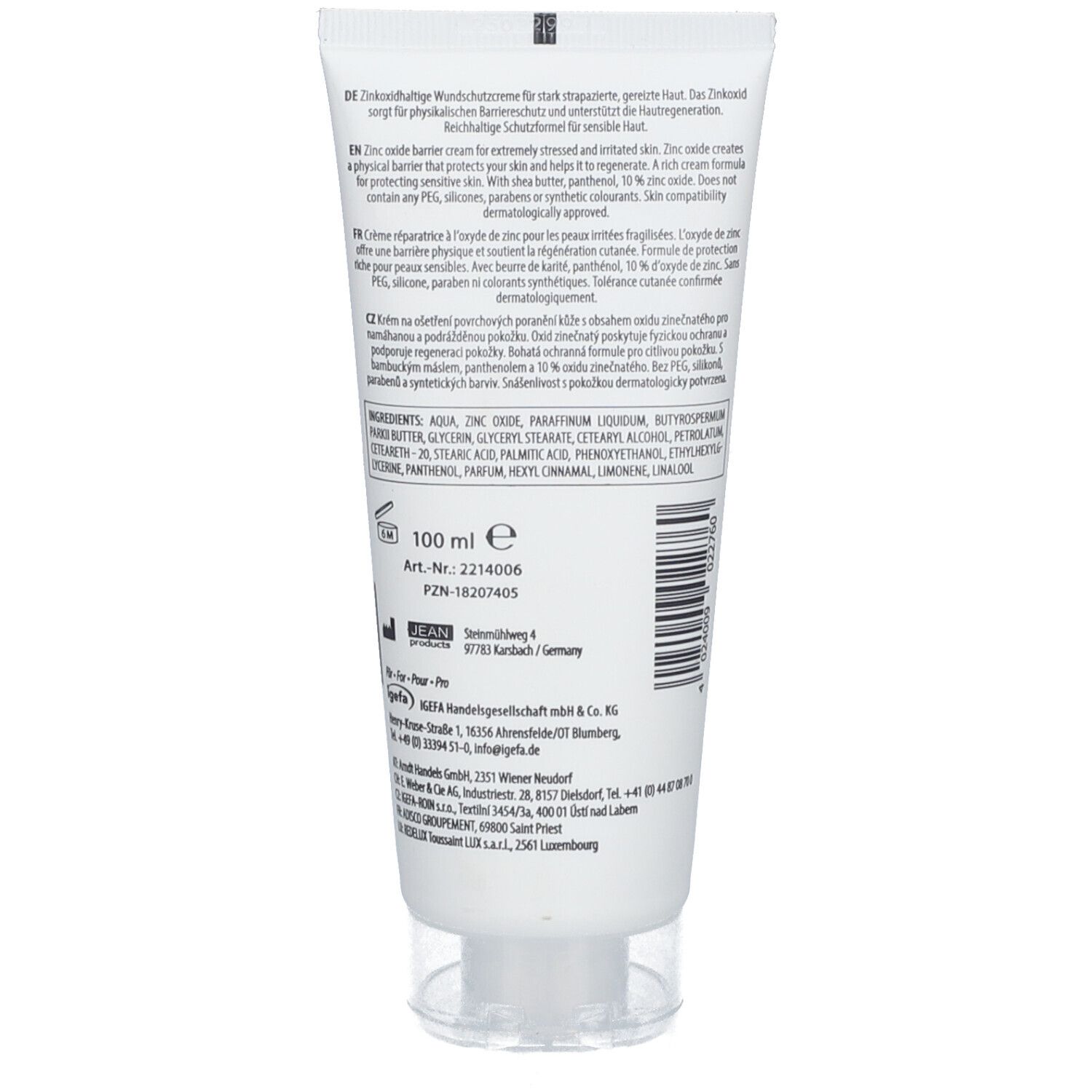 Dos du tube Hydro Vital Premium Wundschutzcreme. Contient texte, ingrédients et informations du fabricant.