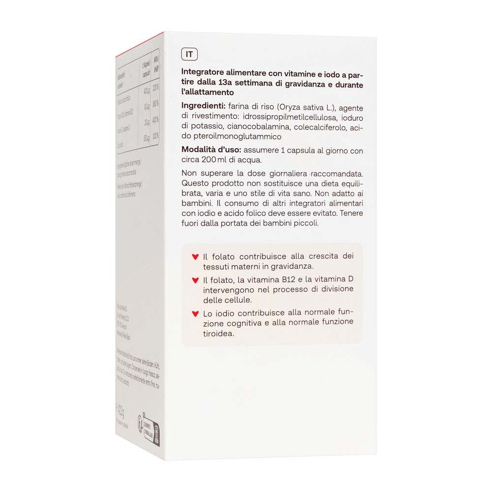 Dos de la boîte Redcare Fem Folsäure Plus. Texte : Complément alimentaire avec vitamines et iode.