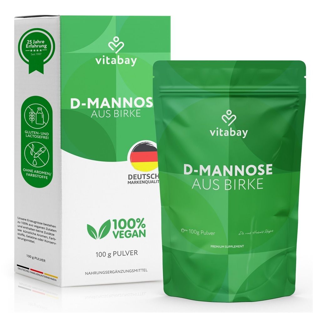 Vitabay D-Mannose de bouleau : emballage cartonné et sachet refermable, 100g, 100% Vegan.
