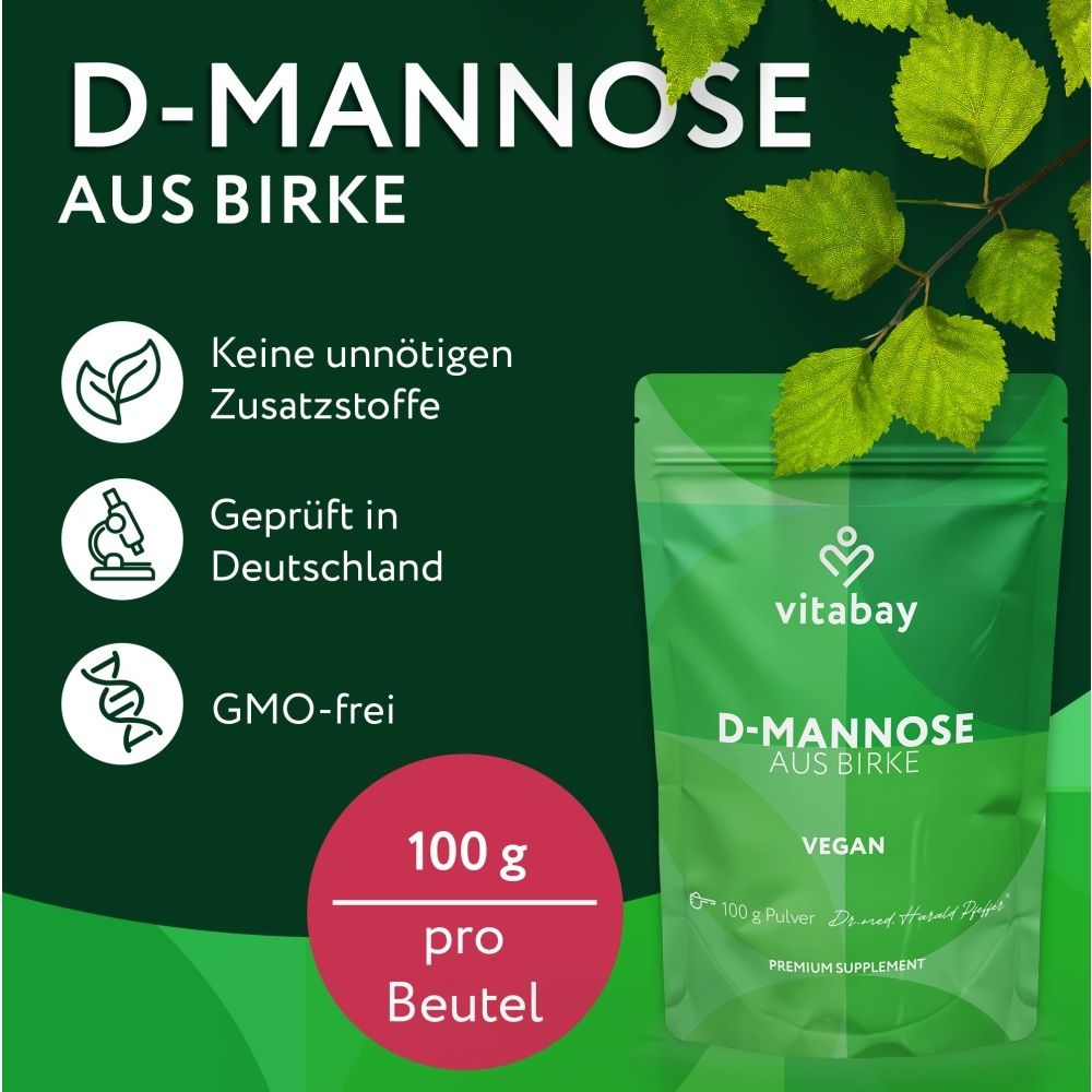 Vitabay D-Mannose de bouleau : pochette de 100g, sceaux "Testé en Allemagne" et "Sans OGM".