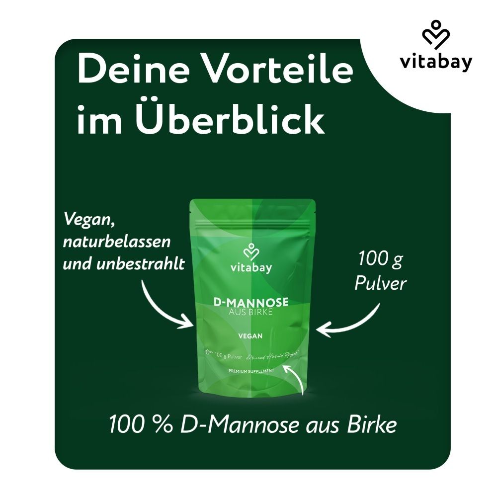 Vitabay D-Mannose de bouleau : pochette mettant en avant "100% D-Mannose de bouleau".