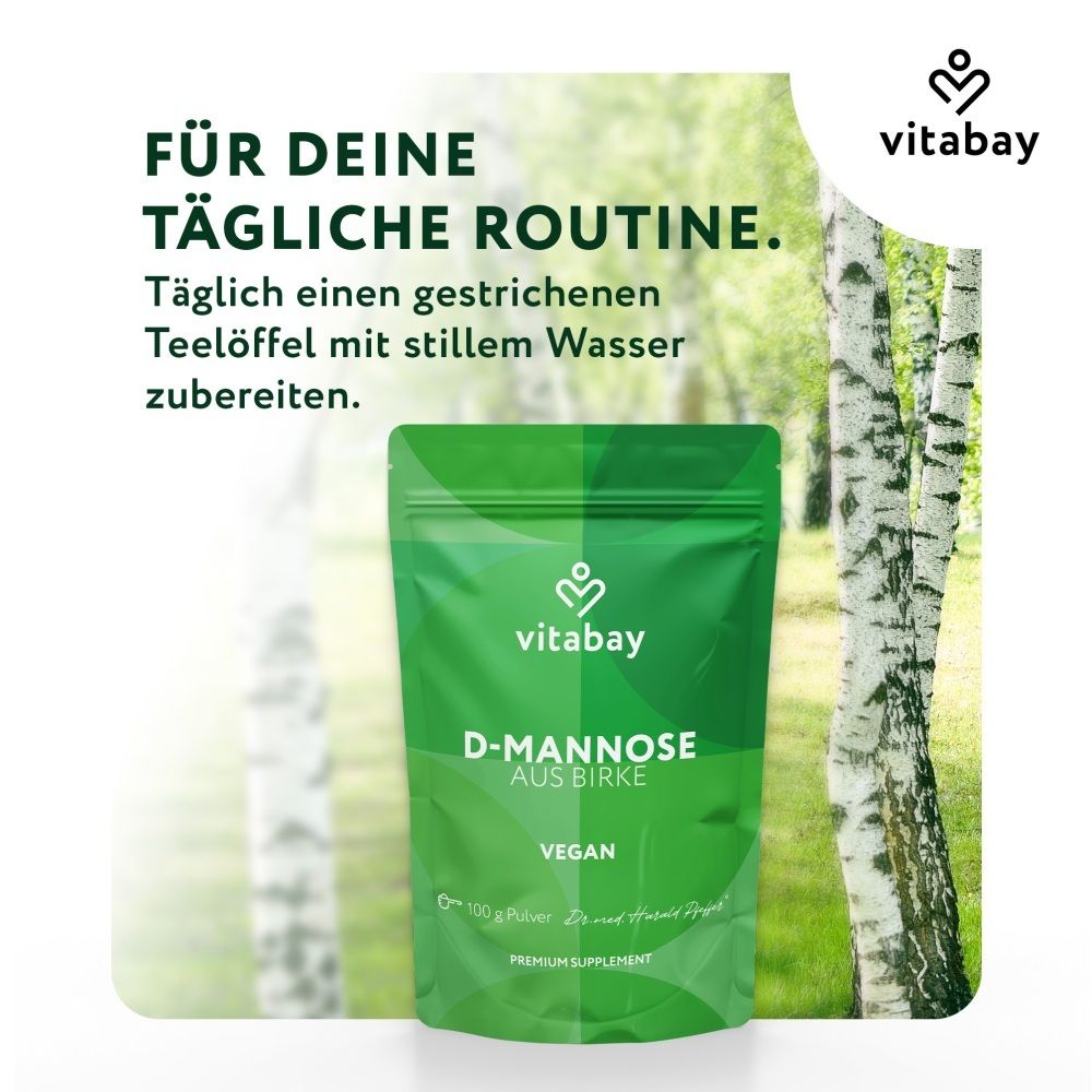 Vitabay D-Mannose de bouleau : pochette avec texte sur la routine quotidienne et la préparation.