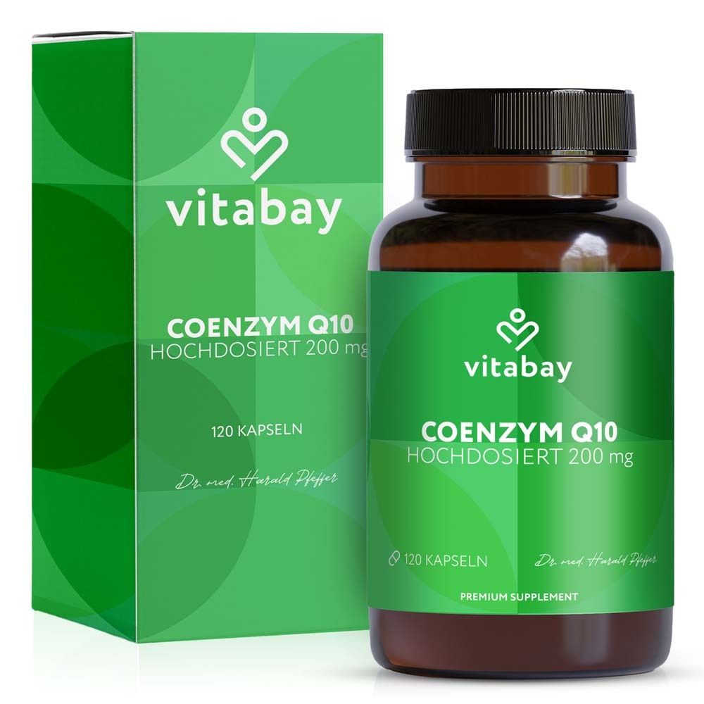 Emballage vert avec vitabay® COENZYM Q10 complexe 200 mg. Bouteille marron avec gélules.