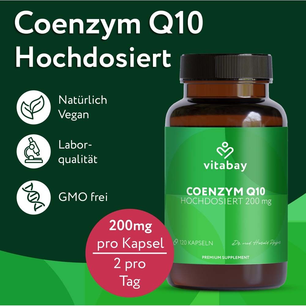Bouteille marron avec vitabay® COENZYM Q10 200 mg. Texte: Naturel, végétalien, qualité laboratoire, sans OGM.