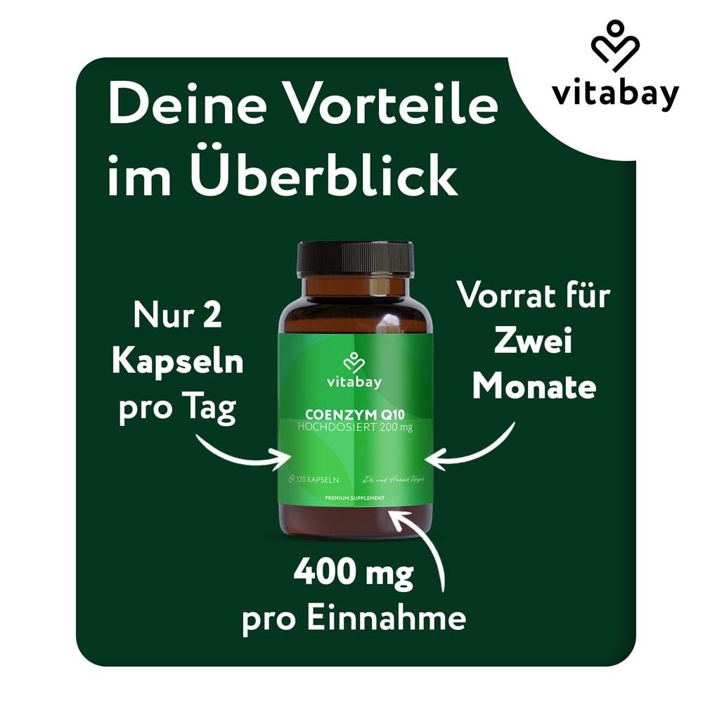 Bouteille marron vitabay® COENZYM Q10 200 mg. Texte: Vos avantages en un coup d'œil. 2 gélules par jour.