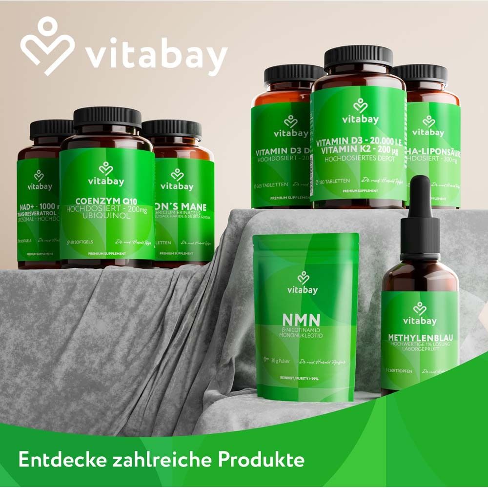 Divers produits vitabay®: COENZYM Q10, Vitamine D3, Vitamine K2, NMN, Bleu de méthylène, etc.