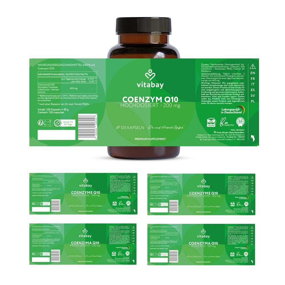 Bouteille marron vitabay® COENZYM Q10 200 mg. Étiquette du produit avec informations.