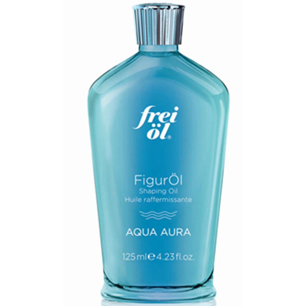 Flacon bleu clair avec bouchon argenté. Inscriptions: frei öl, FigurÖl, Shaping Oil, AQUA AURA. 125ml.
