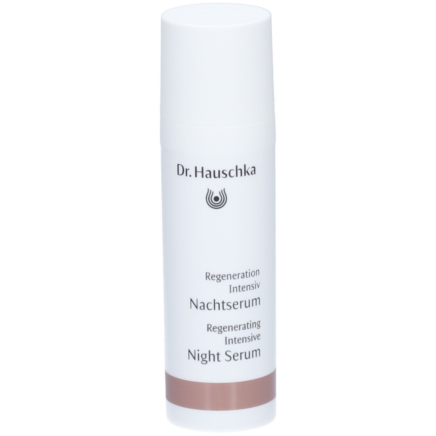 Flacon blanc Dr. Hauschka, sérum de nuit régénérant. Inscription et bande marron en bas.