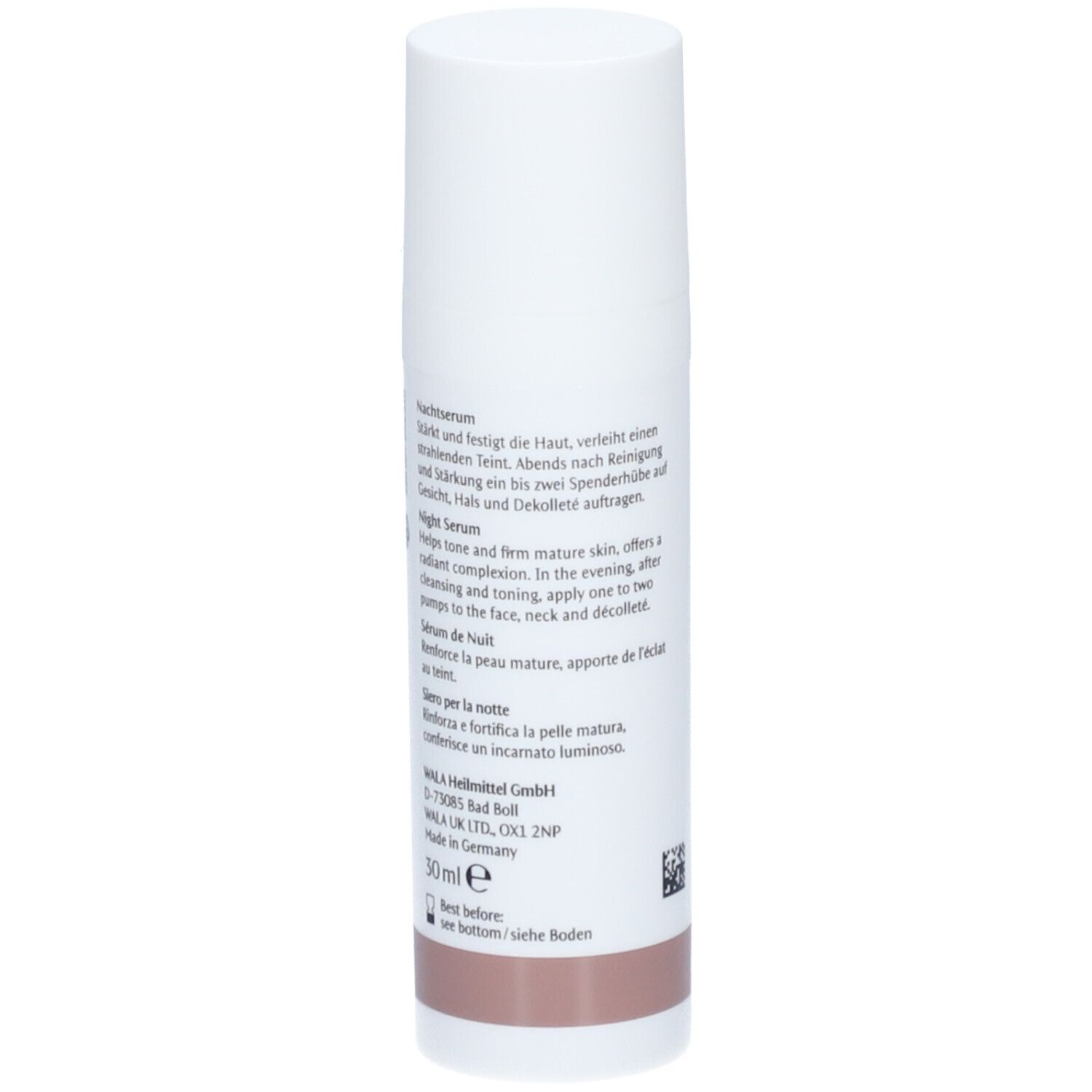 Dos du flacon blanc. Texte en allemand, anglais et italien. Dr. Hauschka, sérum de nuit. Bande marron.