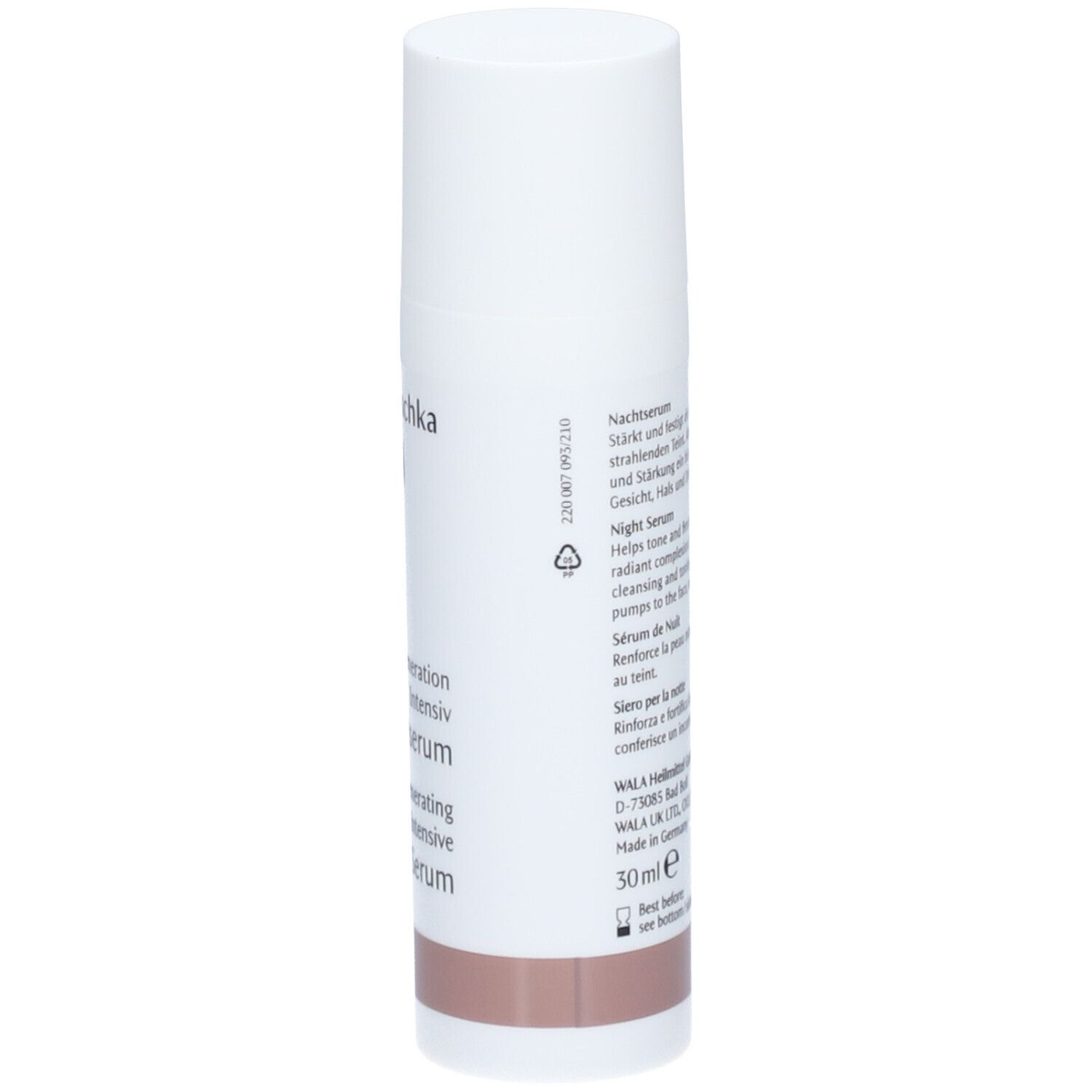 Flacon blanc, texte en allemand, anglais et français. Dr. Hauschka, sérum de nuit régénérant. Bande marron.