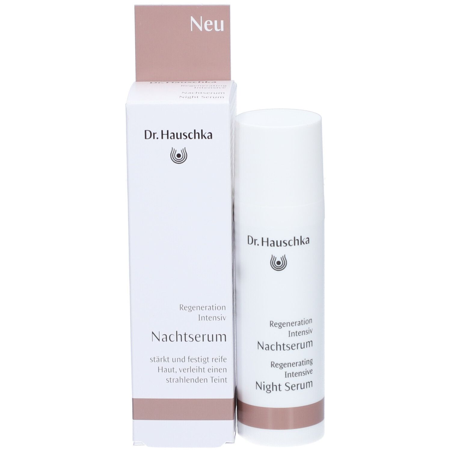 Emballage et flacon. Dr. Hauschka, sérum de nuit régénérant. Couleurs marron et blanc. Étiquette « Neu ».