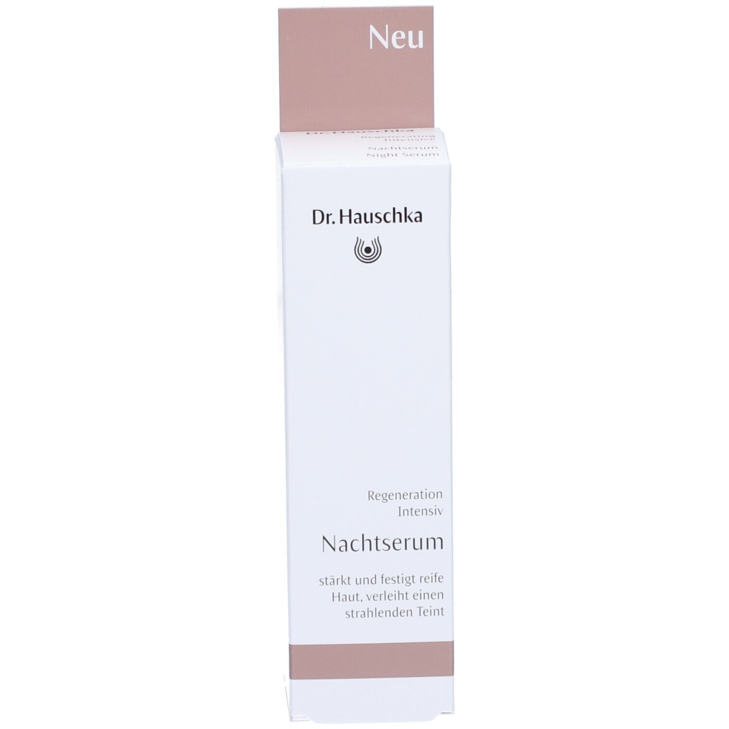 Emballage du produit. Dr. Hauschka, sérum de nuit régénérant. Couleurs marron et blanc. Étiquette « Neu ».