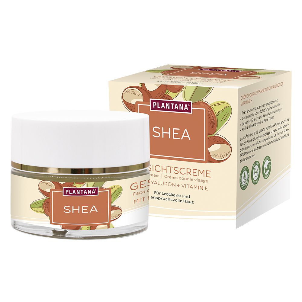 Pot de crème et boîte. Inscription: PLANTANA SHEA Crème visage, Hyaluron + Vitamine E. Pour peaux sèches.