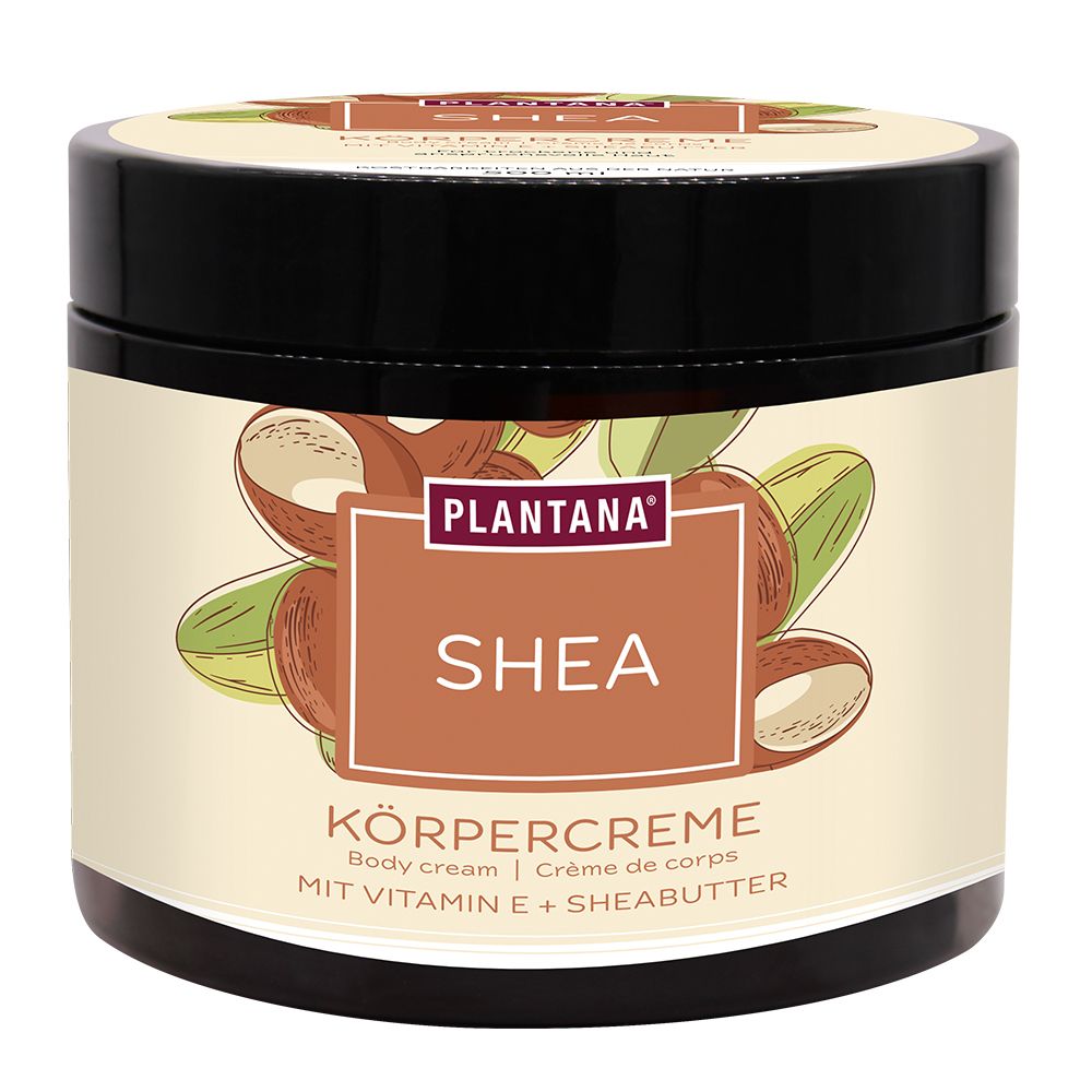 Pot de crème avec couvercle. Inscription : PLANTANA SHEA Körpercreme. Illustration de noix de karité et de feuilles.