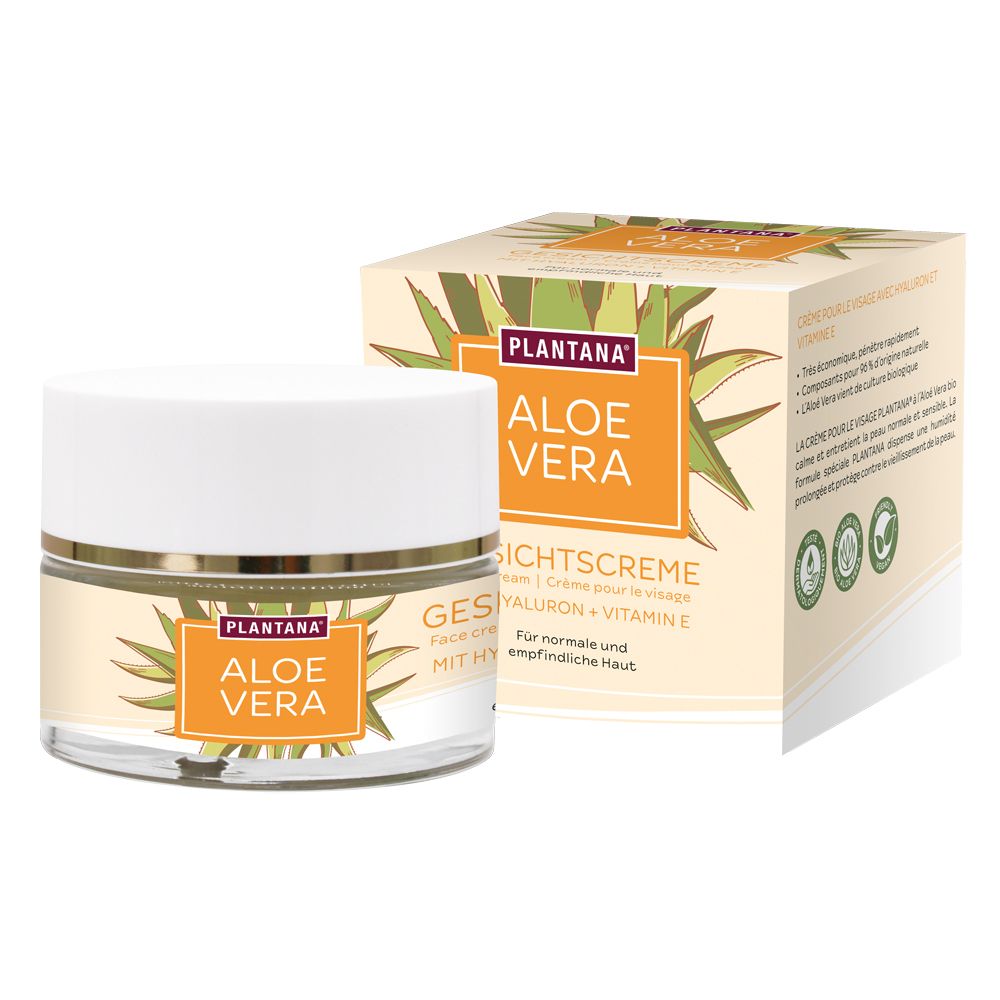 Pot de crème et boîte. Inscription : PLANTANA Aloe Vera Crème Visage Hyaluron + Vitamine E. Pour peaux normales et sensibles.
