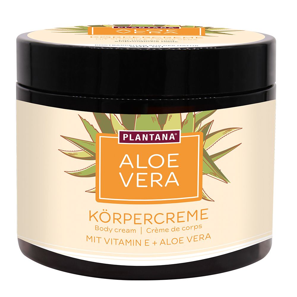 Pot de crème avec couvercle noir. Inscription : PLANTANA Aloe Vera Körpercreme. Contient de la vitamine E et de l'aloe vera.