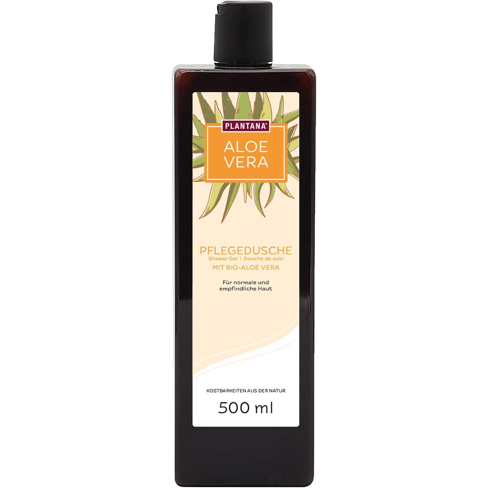 Flacon de gel douche avec étiquette. Inscription : PLANTANA Aloe Vera, Pflegedusche. Avec Bio-Aloe Vera. Pour peaux normales et sensibles.