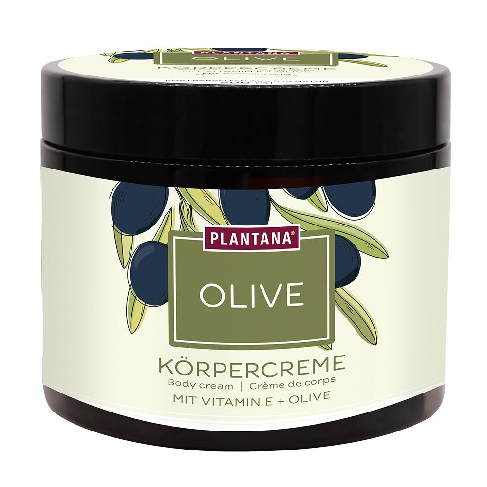 Pot de crème avec couvercle noir. Étiquette avec illustration d'olives et inscription OLIVE. Texte : Körpercreme, Body cream, Crème de corps.